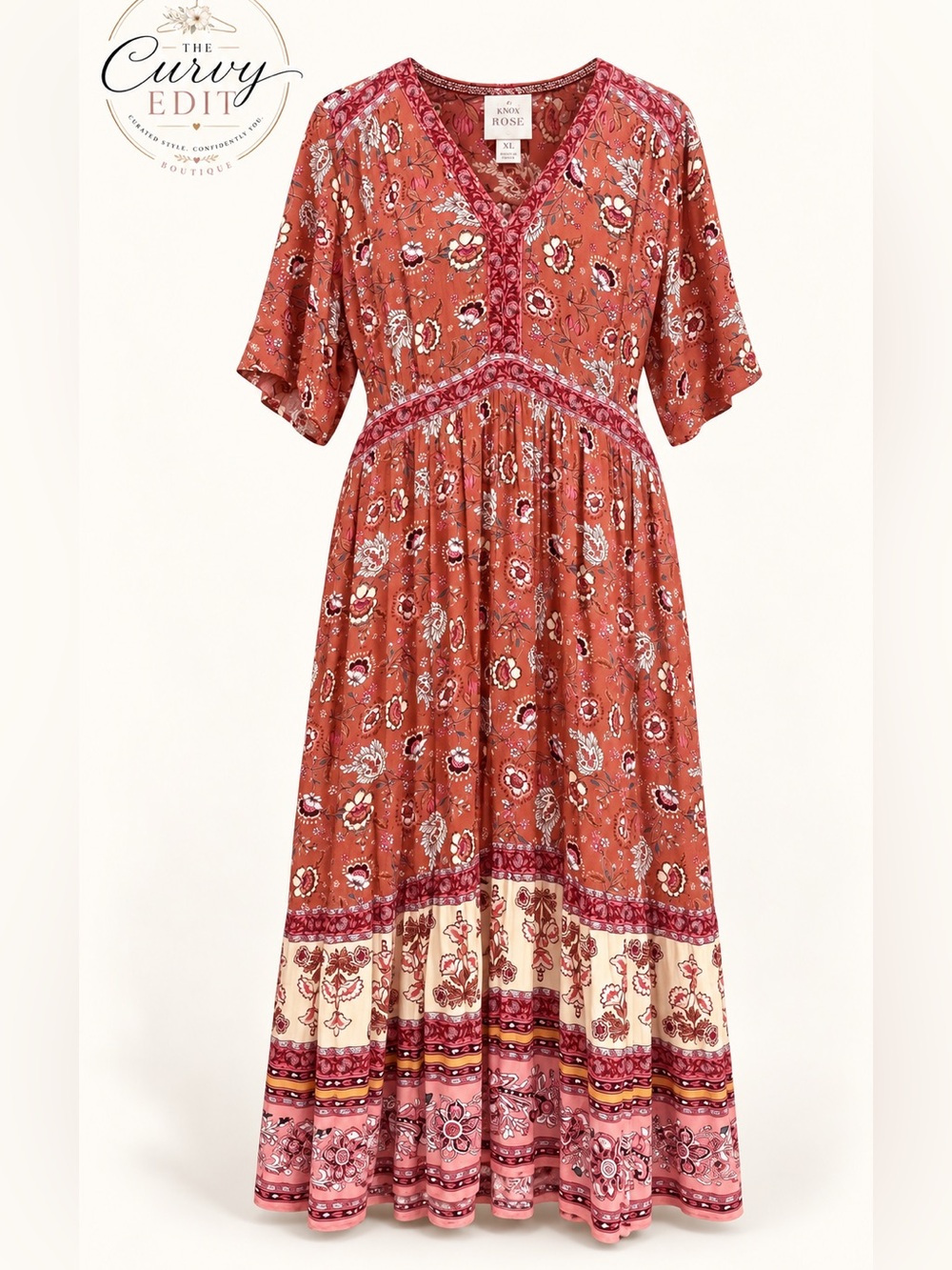 Knox Rose XL Rust Floral Border Print Western Boho V-Neck Maxi Dress